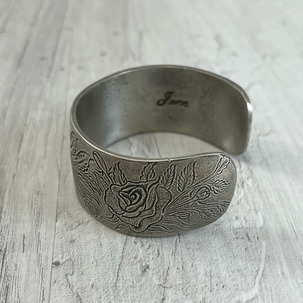 Salisbury Pewter Rose June Flower Of The Month Silver Cuff Bracelet - Picture 4 of 7